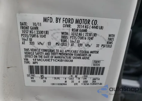 2012 Ford Escape Limited из США, поврежденный, VIN 1FMCU0E71CKB15038